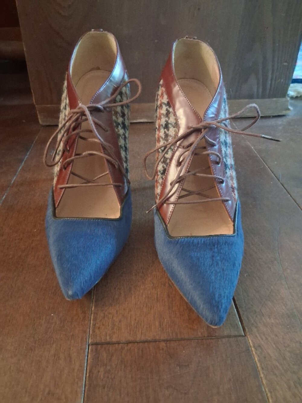 J.Crew Collection ponyhair and plaid leather lace-up heels.